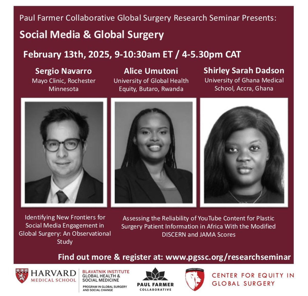 HarvardGlobalSurgery (@harvardpgssc) on Twitter photo We are excited to invite you all to the next Research Seminar by the Paul Farmer Collaborative! We will be talking about Social Media in Global Surgery with an amazing line up of speakers. <a href="/ughe_org/">University of Global Health Equity</a>
Remember to register here: pgssc.org/researchseminar We are excited to invite you all to the next Research Seminar by the Paul Farmer Collaborative! We will be talking about Social Media in Global Surgery with an amazing line up of speakers. <a href="/ughe_org/">University of Global Health Equity</a>
Remember to register here: pgssc.org/researchseminar