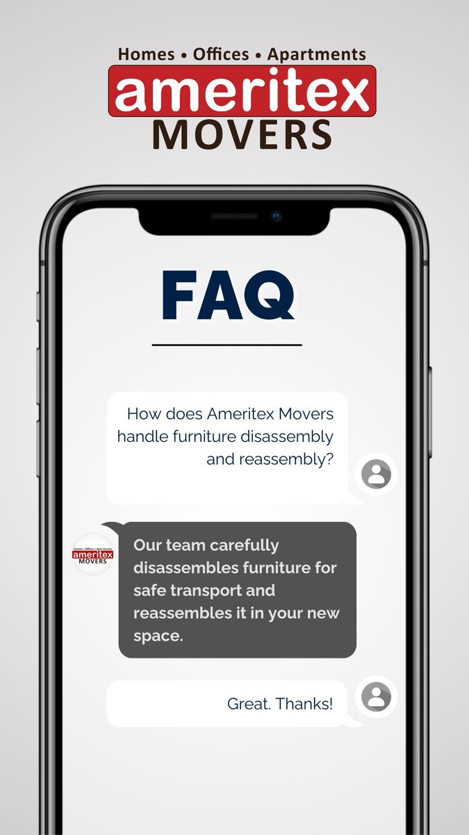 AmeritexMovers's tweet image. 🛠️🏡 Wondering how we handle your furniture during a move?

At Ameritex Movers, we take the stress out of moving:
✔️ Carefully disassemble your furniture for safe transport.
✔️ Expertly reassemble it in your new space — just the way you want it!

#AmeritexMovers #FAQTime #AskUs