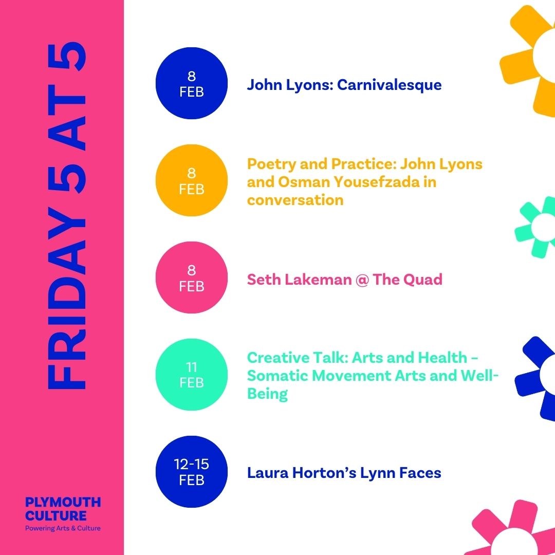 Plymouth Culture (@plymcultureuk) on Twitter photo Friday 5️⃣ at Five - Here's our top five cultural highlights that we think you should know about this week in Plymouth!
Find these events and more here 👇🏼
bit.ly/4gEDass
<a href="/theboxplymouth/">The Box, Plymouth</a> @barbicantheatre @plymuni @TRplymouth Friday 5️⃣ at Five - Here's our top five cultural highlights that we think you should know about this week in Plymouth!
Find these events and more here 👇🏼
bit.ly/4gEDass
<a href="/theboxplymouth/">The Box, Plymouth</a> @barbicantheatre @plymuni @TRplymouth