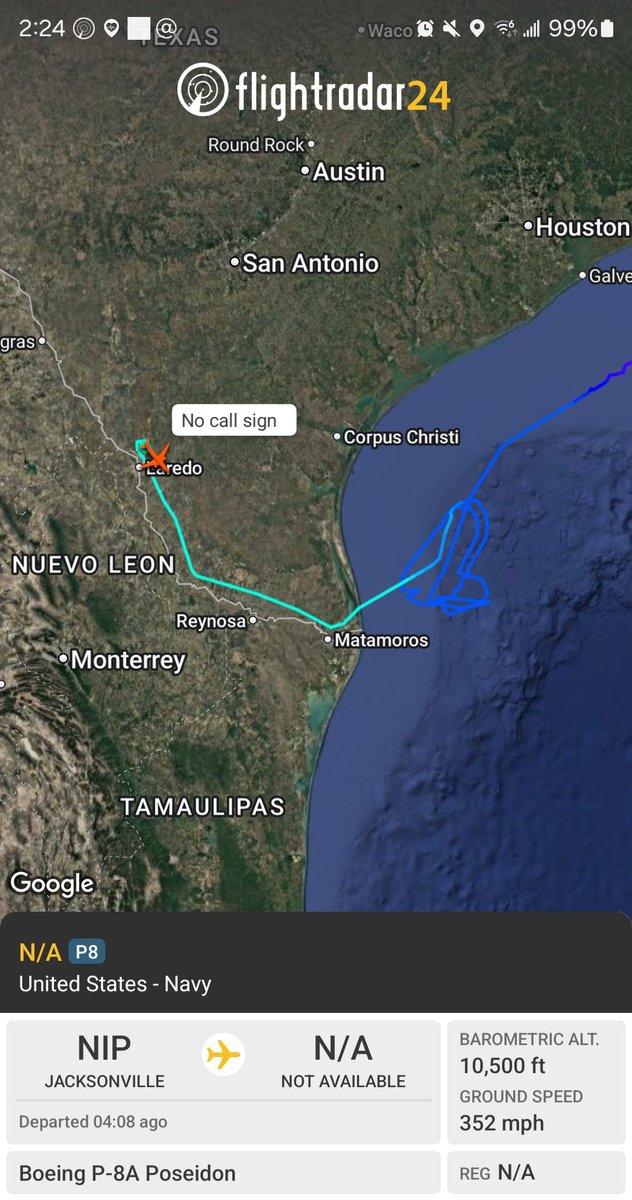 Borrowed7Time's tweet photo. US Navy P-8A Poseidon #AE6790 out of NAS Jacksonville is on an ISR mission along the southern border, currently near Laredo.
@sipjack1776 @houstonairw @toystark6886 https://t.co/N4tjRUf7lx