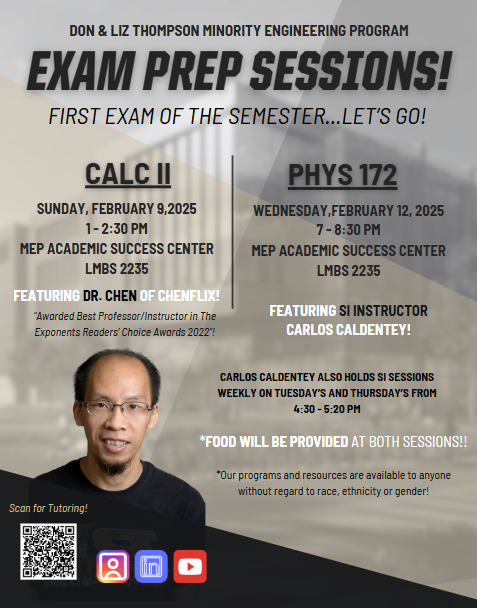 purduemep's tweet photo. 📚✏️ Get ready to ace your exams with MEP! Join us for Exam Prep Sessions for Calc II &amp; Phys 172, featuring expert instructors, study support, and free food! 🍕📖 Don't miss out—let's start the semester strong! 💪 #MEP #ExamPrep #EngineeringSuccess" https://t.co/pK7Pi56qdQ