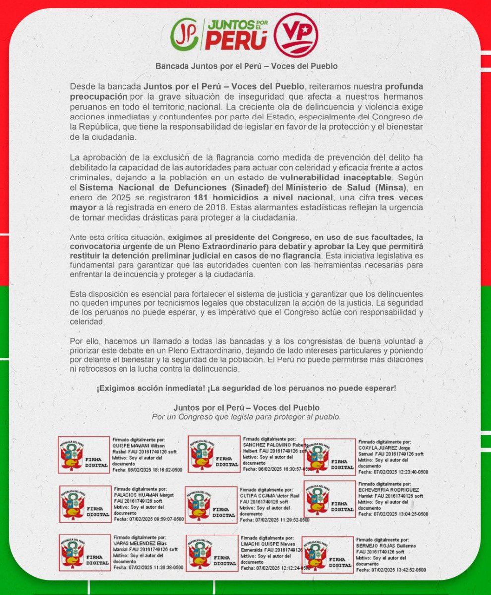 🚨 Los congresistas de la <a href="/BancadaJP_VP/">Juntos por el Perú _Voces del Pueblo</a> exigimos al presidente del #Congreso, la convocatoria #URGENTE de un pleno extraordinario. Es necesario debatir y aprobar la #Ley que permitirá restituir la detención preliminar en casos de no #flagrancia. ¡El pueblo no puede esperar! 🕊️