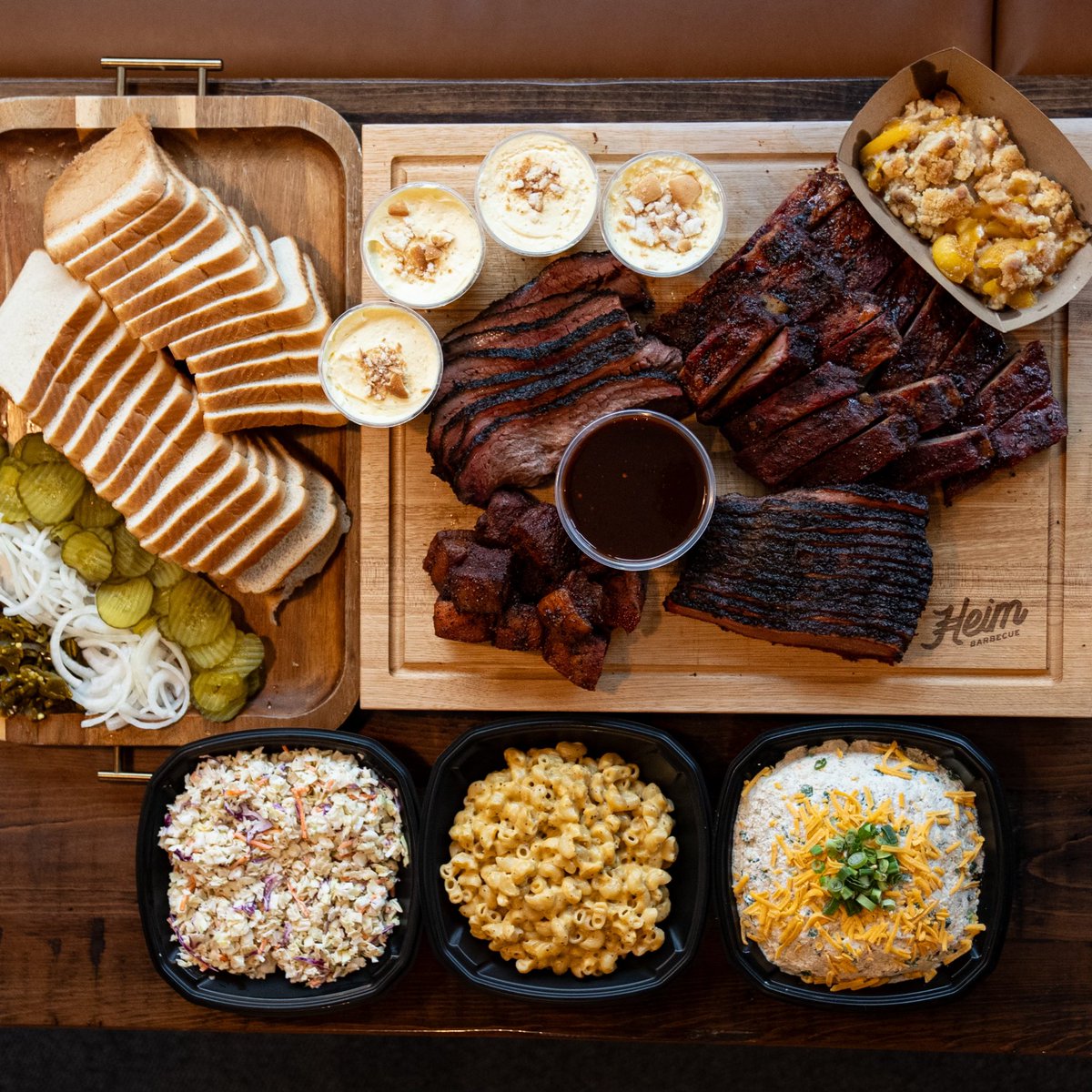 Big Game Special. 3lbs Brisket, 3lbs Ribs, 1lb BBE, 3 quarts of sides, 1/2 pan of banana pudding or cobbler and all the sides. $250. Order online at Heim BBQ.com