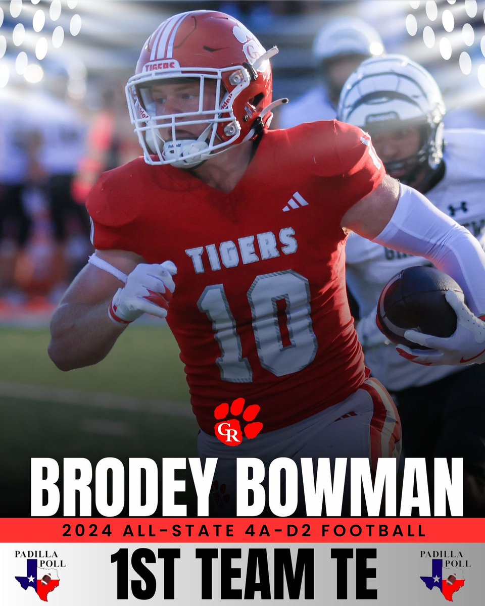 Cliff Watkins (@coach_cwatkins) on Twitter photo Congratulations <a href="/BrodeyBowman/">Brodey bowman</a> on earning <a href="/padillapoll/">Carl Padilla</a> 1st Team All-State Tight End
<a href="/GRTigerFootball/">Glen Rose Football</a>
<a href="/GRHS_TIGERS/">Glen Rose Tigers</a> Congratulations <a href="/BrodeyBowman/">Brodey bowman</a> on earning <a href="/padillapoll/">Carl Padilla</a> 1st Team All-State Tight End
<a href="/GRTigerFootball/">Glen Rose Football</a>
<a href="/GRHS_TIGERS/">Glen Rose Tigers</a>