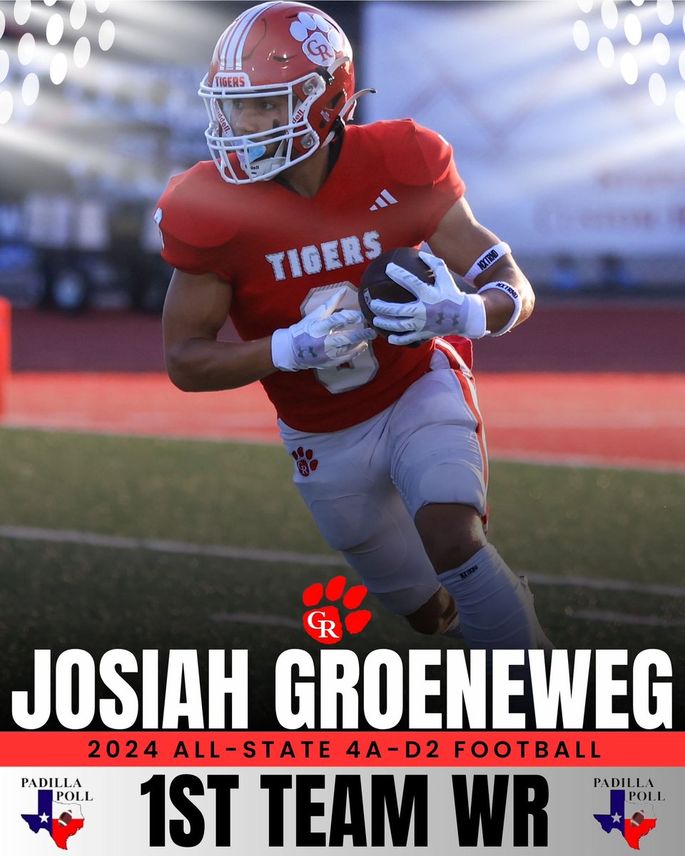 Cliff Watkins (@coach_cwatkins) on Twitter photo Congratulations <a href="/Josiahgr3/">Josiah Groeneweg</a> on earning <a href="/padillapoll/">Carl Padilla</a> 1st Team All-State Wide Receiver
<a href="/GRTigerFootball/">Glen Rose Football</a>
<a href="/GRHS_TIGERS/">Glen Rose Tigers</a> Congratulations <a href="/Josiahgr3/">Josiah Groeneweg</a> on earning <a href="/padillapoll/">Carl Padilla</a> 1st Team All-State Wide Receiver
<a href="/GRTigerFootball/">Glen Rose Football</a>
<a href="/GRHS_TIGERS/">Glen Rose Tigers</a>
