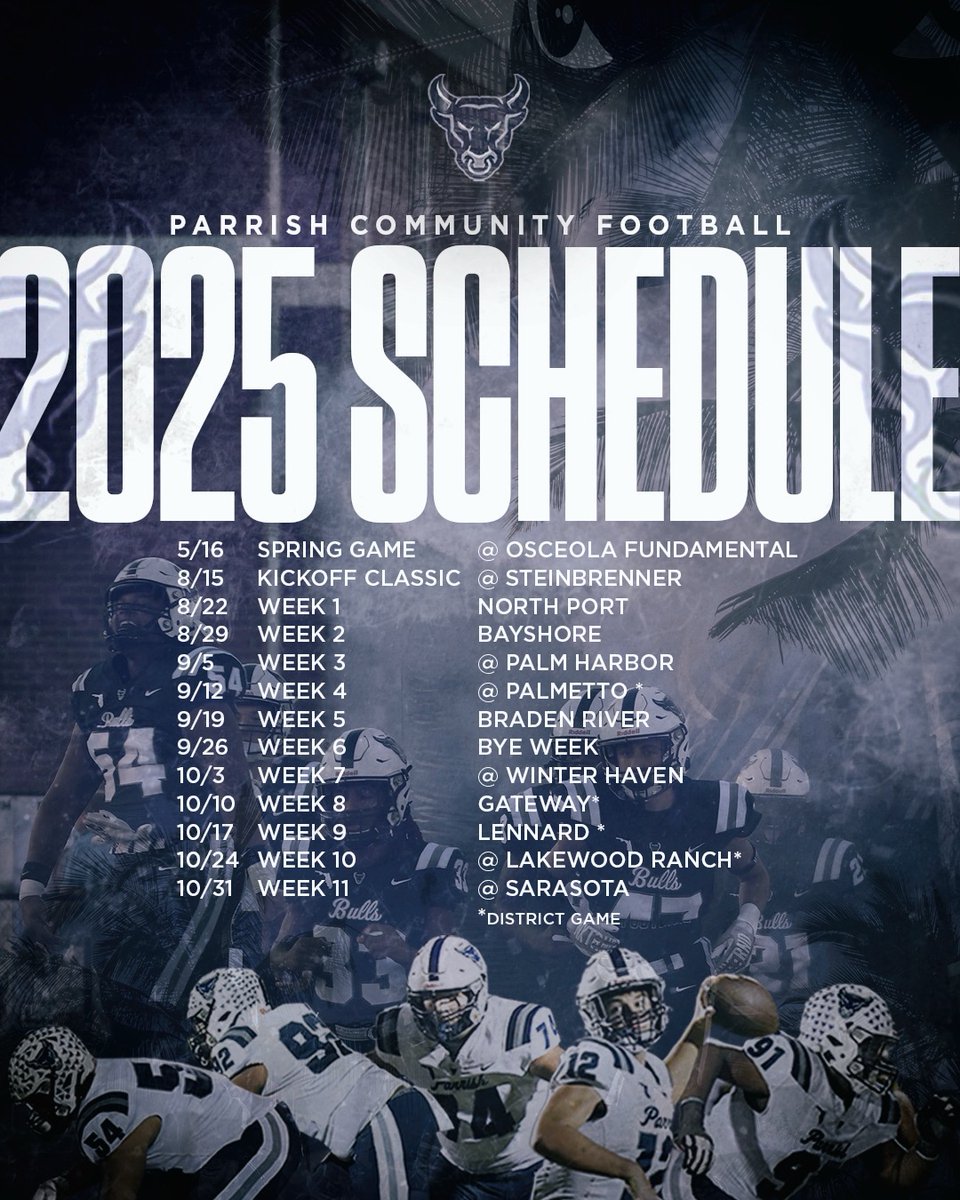 2025 Schedule for Parrish Community High School Varsity Football.