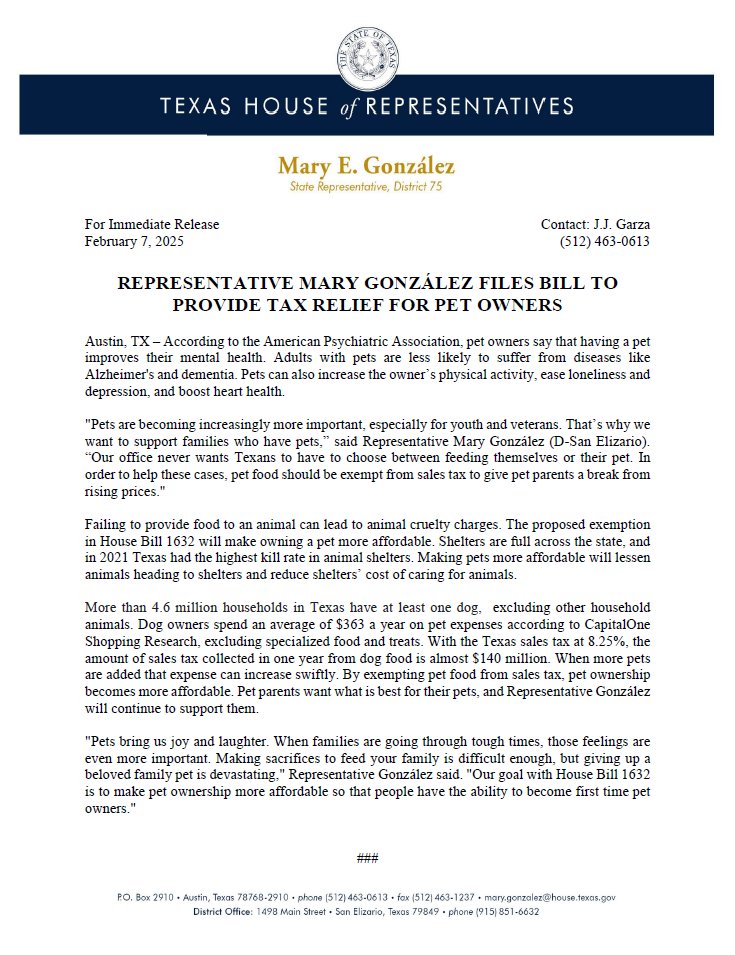 RepMaryGonzalez's tweet photo. Owning pets can increase physical activity, ease loneliness, and boost heart health. I am proud to have filed HB 1632 to exempt pet food from sales taxes in hopes that this will lessen the abandonment of animals and help Texas families’ budgets.
#txlege #HD75 https://t.co/hfxeB1czVi