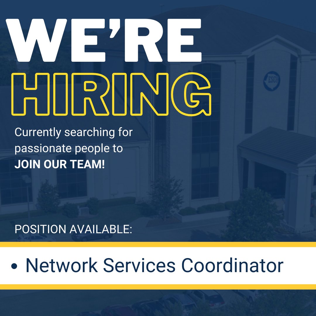 Region 8 Education Service Center Technology Services Department is looking for a Network Services Coordinator. Please visit our website and click the JOBS tab for more information.

reg8.net