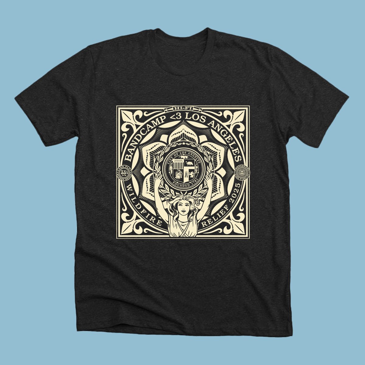 Bandcamp's tweet image. The SoCal wildfires have hit the music community hard. We’ve teamed up with Shepard Fairey on a limited-edition T-shirt to support musicians in need. 100% of Bandcamp proceeds from the tee go to MusiCares. Once it’s gone, it’s gone. Get yours: bit.ly/432dHWz