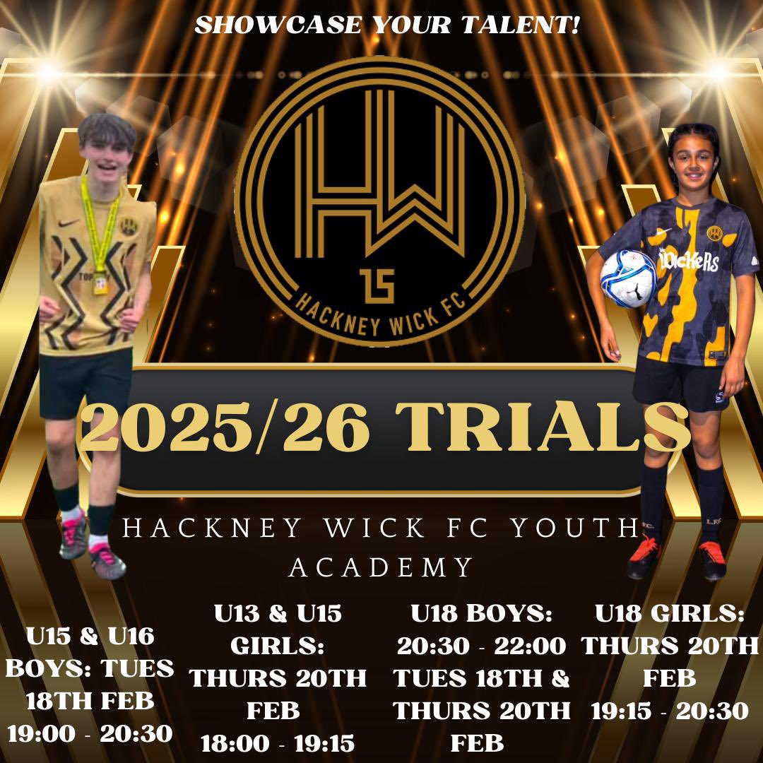 WHAT A SEASON we are and have had a very special one indeed‼️

With that said the Academy TRIALS for <a href="/HackneyWickFC/">Hackney Wick FC</a> will be on:

- *TUESDAY 18th FEBRUARY* 

- *THURSDAY 20TH FEBRUARY*

CIRCULATE ‼️the flyers like crazy⚫️🟡