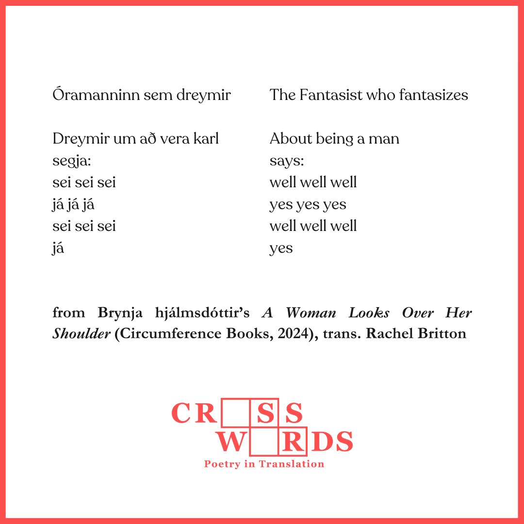 poetshouse's tweet image. Celebrate the art of translation with readings from “A Woman Looks Over Her Shoulder” (@circbooks, 2024) by Icelandic poet Brynja Hjálmsdóttir (@hjalmsdottir), trans. by Rachel Britton (@rachel.a.britton) on Zoom Sat Feb 22, 2:30EST / 7:30GMT.
RSVP here: poetshouse.org/event/crosswor…