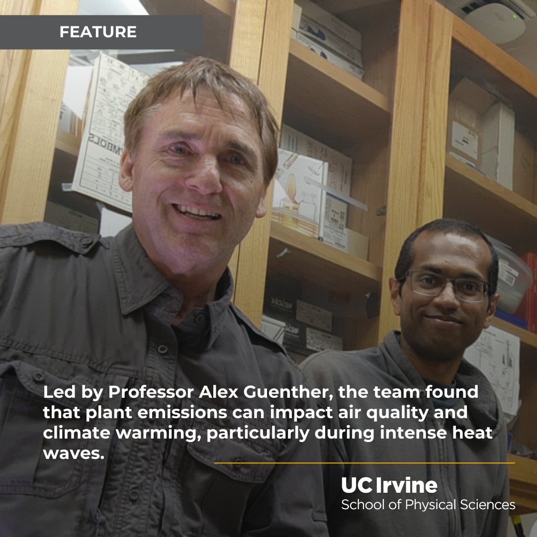uciess's tweet image. New UC Irvine research led by Professor Alex Guenther from the Department of Earth System Science reveals how extreme heat events can make everyday greenery a hidden contributor to air pollution. Read more: ps.uci.edu/news/3258 #uciess #ucirvine #uciphysicalsciences