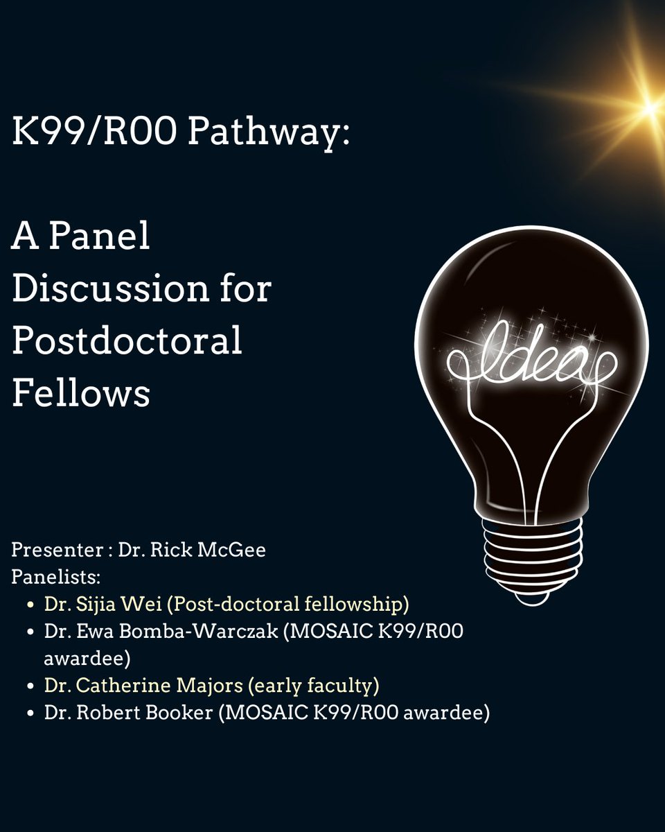 Northwestern University Postdoctoral Association (@nupostdocs) on Twitter photo We are pleased to invite you to a virtual panel discussion focused on the K99/R00 Pathway to Independence Award.
When: 27th February 2025 (Thursday)
Time: 11am-12:30pm (CST)
Zoom link:
northwestern.zoom.us/j/95286441037?…
Email chris.lane@northwestern.edu for further details. We are pleased to invite you to a virtual panel discussion focused on the K99/R00 Pathway to Independence Award.
When: 27th February 2025 (Thursday)
Time: 11am-12:30pm (CST)
Zoom link:
northwestern.zoom.us/j/95286441037?…
Email chris.lane@northwestern.edu for further details.