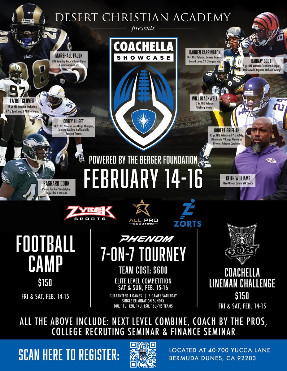 Last Chance to register and compete in the 2nd Annual Coachella Showcase! 7v7 Tournament, "Coached by the Pros Camp, Lineman Challenge and official Zybek Combine! Don't miss this!

7v7: zortssports.com/join/tournamen…
Camp/Challenge:
zortssports.com/join/tournamen…