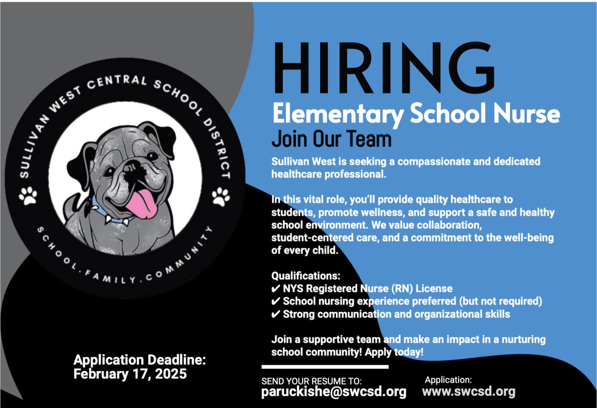 🚨 We’re Hiring!🚨  

Our elementary school is looking for a dedicated School Nurse to support student health and well-being! 🏫💙 If you’re passionate about caring for kids and creating a safe learning environment, we want you on our team!  <a href="/SullivanWestCSD/">SullivanWestCSD</a>