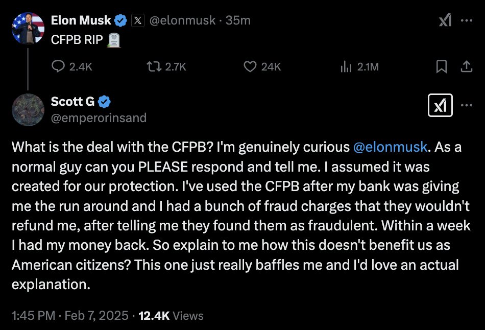 The Consumer Financial Protection Bureau literally exists to protect consumers from predatory financial institutions. It's returned over $21 billion to 205 million consumers so far. The sole result of this move is that Americans will have no recourse when they get screwed over by