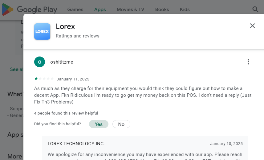 [GooglePlay-QualityRev#393311](*)(The most trashy app?) Lorex and Scatty{Jim- 8 January 2025- Playback only plays 2 seconds out of 50 seconds. Sometimes it says Loading and spins forever}(Ultimately => Horrible-Lorex)2174