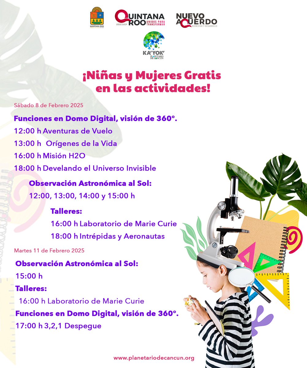 Ka'Yok' Planetario de Cancún (@planetariocun) on Twitter photo 💜Conmemoración #DíaMujeryNiñaenlaCiencia - 8 y 11 Febrero, Mujeres y Niñas entran gratis a actividades del <a href="/PlanetarioCun/">Ka'Yok' Planetario de Cancún</a>
<a href="/Lizzysa/">Lizzy Santoyo</a> <a href="/VivoEnCancun/">Vivo en Cancún 🏖️</a> <a href="/anapatyp/">Ana Patricia Peralta</a> <a href="/MaraLezama/">Mara Lezama</a> <a href="/ComunicacionQR/">Comunicación Quintana Roo</a> <a href="/DonLimon/">J Pablo Torres Limón</a> <a href="/COQHCYT/">COQHCYT</a> <a href="/sqcsnoticias/">Enlace SQCS</a> <a href="/EducacionQR/">SEQ Educación</a>
#RedPlanetariosdeQRoo 💜Conmemoración #DíaMujeryNiñaenlaCiencia - 8 y 11 Febrero, Mujeres y Niñas entran gratis a actividades del <a href="/PlanetarioCun/">Ka'Yok' Planetario de Cancún</a>
<a href="/Lizzysa/">Lizzy Santoyo</a> <a href="/VivoEnCancun/">Vivo en Cancún 🏖️</a> <a href="/anapatyp/">Ana Patricia Peralta</a> <a href="/MaraLezama/">Mara Lezama</a> <a href="/ComunicacionQR/">Comunicación Quintana Roo</a> <a href="/DonLimon/">J Pablo Torres Limón</a> <a href="/COQHCYT/">COQHCYT</a> <a href="/sqcsnoticias/">Enlace SQCS</a> <a href="/EducacionQR/">SEQ Educación</a>
#RedPlanetariosdeQRoo