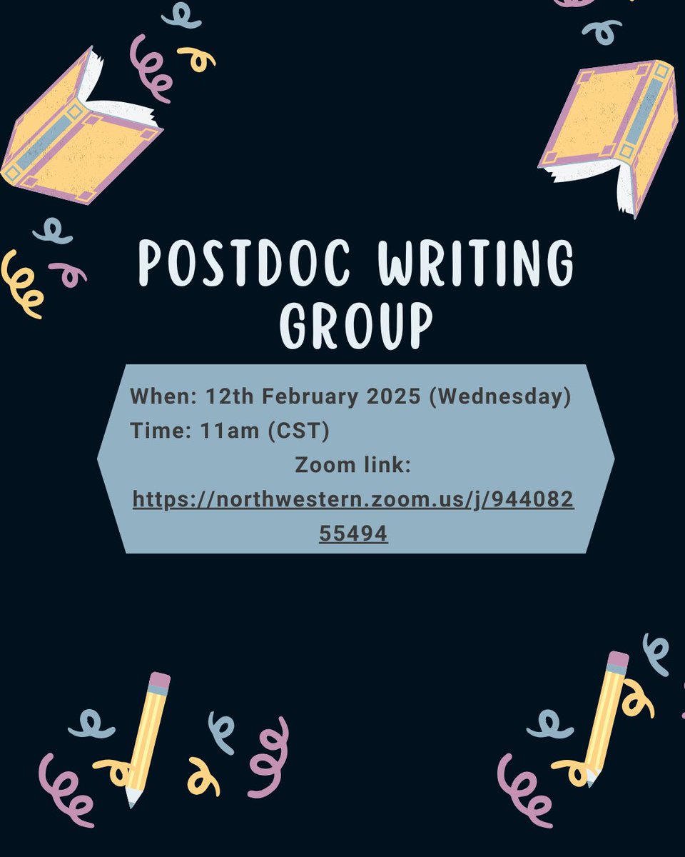 NUPostdocs's tweet image. Are you a postdoc looking to boost your writing productivity and connect with fellow researchers? Join our Virtual Postdoc Group Writing Hour.
When: 12th February 2025 (Wednesday)
Time: 11am (CST)
Zoom link:
northwestern.zoom.us/j/94408255494