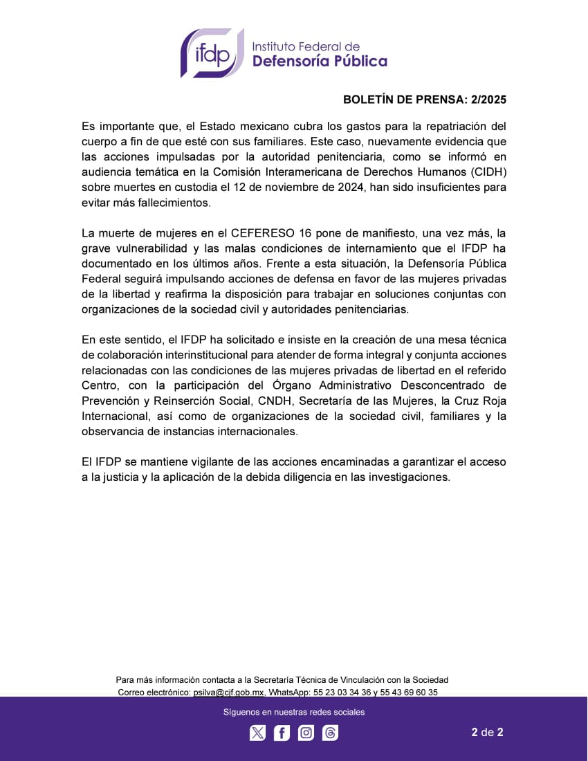 defensoriaifdp's tweet image. 📢 Boletín de Prensa 2/2025

Frente a un nuevo fallecimiento, el IFDP exige medidas integrales para evitar más muertes en el CEFERESO 16.

#IFDP #DefensaQueTeEscucha #SomosPJF