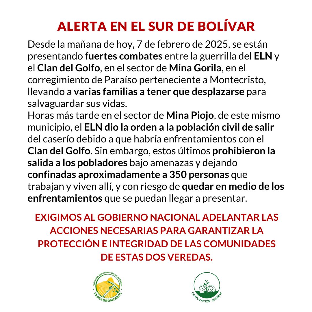 En #Montecristo, #SurdeBolívar, la población civil está en alto riesgo debido a los enfrentamientos entre grupos armados. Exigimos a las autoridades que protejan la vida e integridad de las comunidades.