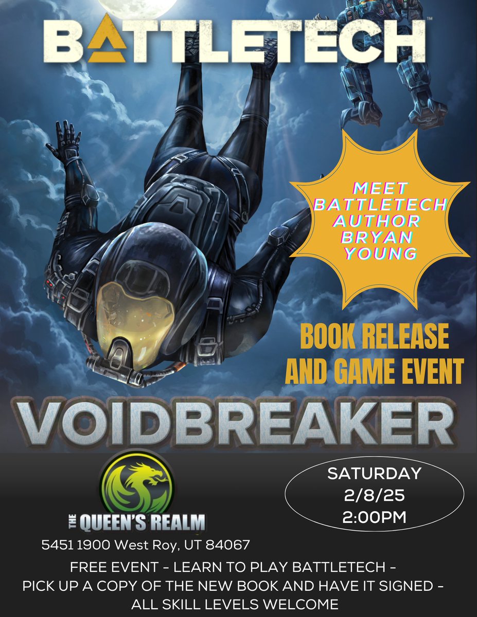 I'm doing BattleTech signing/gaming events tonight and tomorrow! 

If you're in Northern Utah or anywhere in driving distance come snag a copy of the book and play some BattleTech with me.