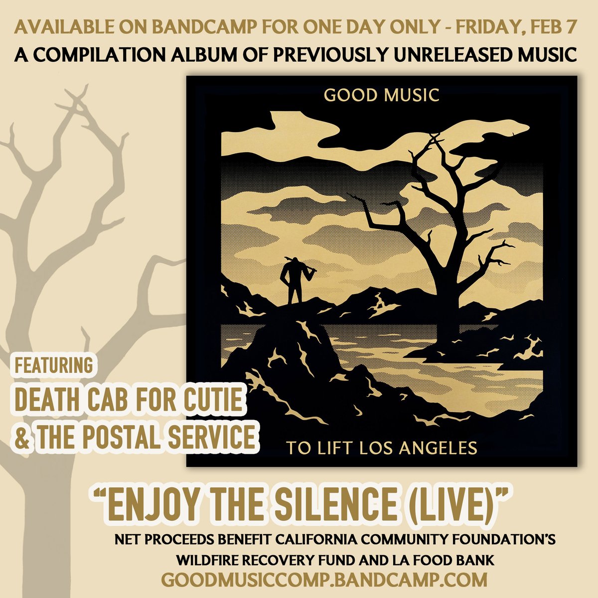PostalService's tweet image. ‘Good Music to Lift Los Angeles’ is out TODAY ONLY on Bandcamp. We are honored to be a part of this fundraising compilation record. All proceeds benefit @lafoodbank and @calfund. You have until midnight PT: goodmusiccomp.bandcamp.com

Artwork by @cleonpeterson