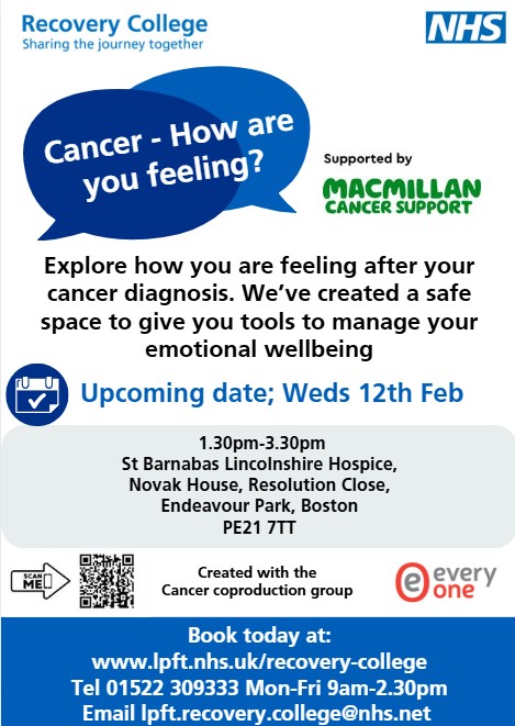 Amy@LPFT (@amylpft1) on Twitter photo #LincsRecoveryCollege
FREE session
Cancer. How are you feeling?
Explore how you are feeling after your cancer diagnosis. We’ve created a safe space to give you tools to manage your emotional wellbeing.
Boston
Wed 12 Feb
Book now - lpft.nhs.uk/our-services/a…
#lincsconnect <a href="/LPFTNHS/">Lincolnshire Partnership NHS Foundation Trust</a> #LincsRecoveryCollege
FREE session
Cancer. How are you feeling?
Explore how you are feeling after your cancer diagnosis. We’ve created a safe space to give you tools to manage your emotional wellbeing.
Boston
Wed 12 Feb
Book now - lpft.nhs.uk/our-services/a…
#lincsconnect <a href="/LPFTNHS/">Lincolnshire Partnership NHS Foundation Trust</a>