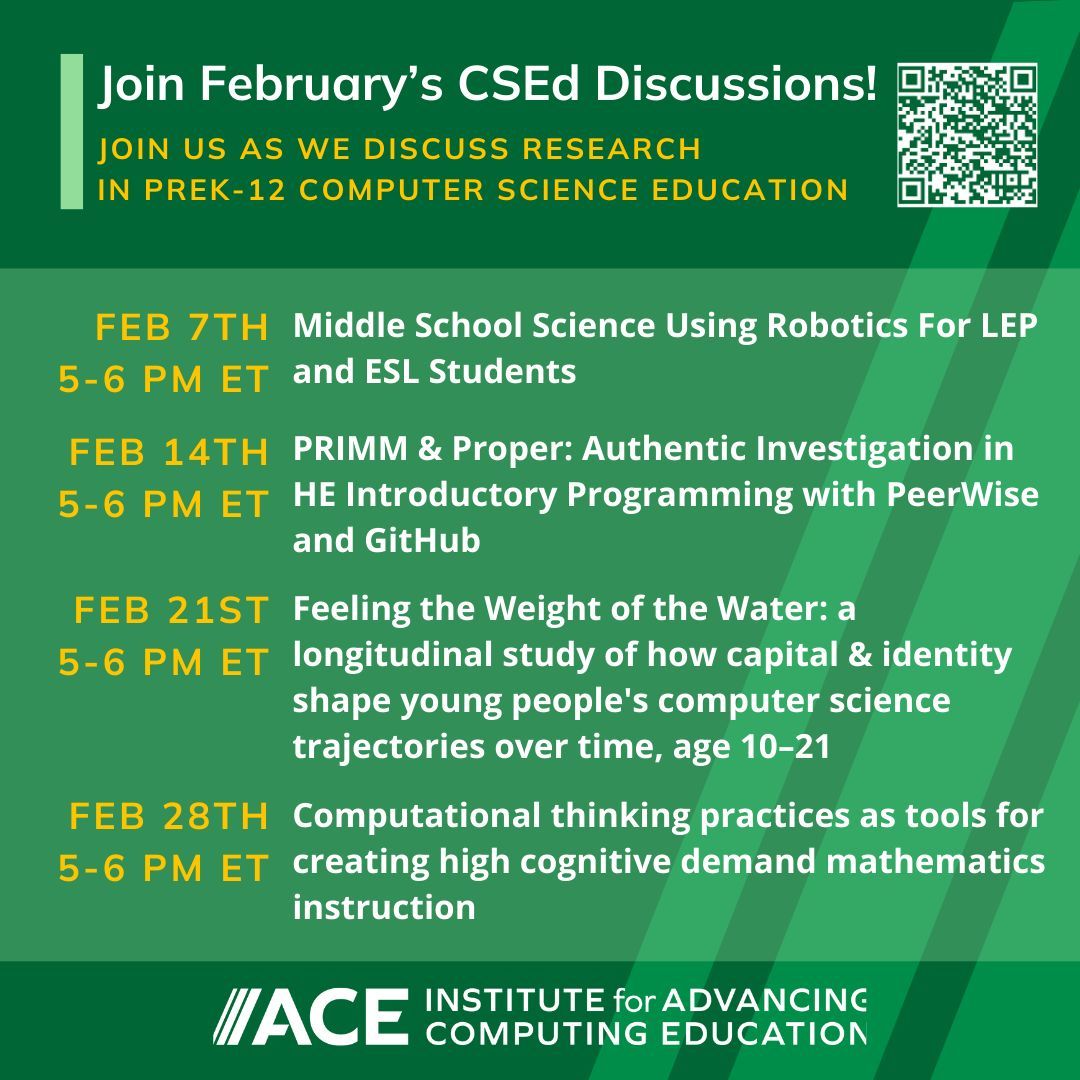 Be a part of the dialogue and bridge the gap between research findings and classroom practices with the #CSEd Discussion Group! For more details on each week's topics, visit us at buff.ly/3Ww0Mrs