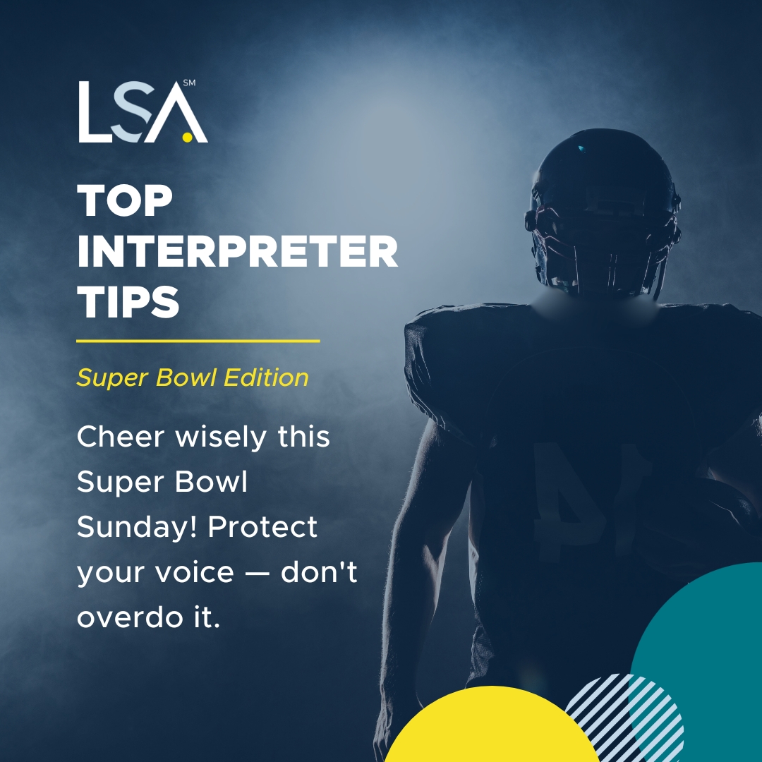 LSAWeb's tweet image. Super Bowl Sunday is approaching fast! While cheering for your favorite team, remember to take care of your vocal cords. Excessive screaming can cause damage 🗣 Have fun and protect your most valuable tool, your voice!

#TopInterpreterTip #LanguageProfessionals