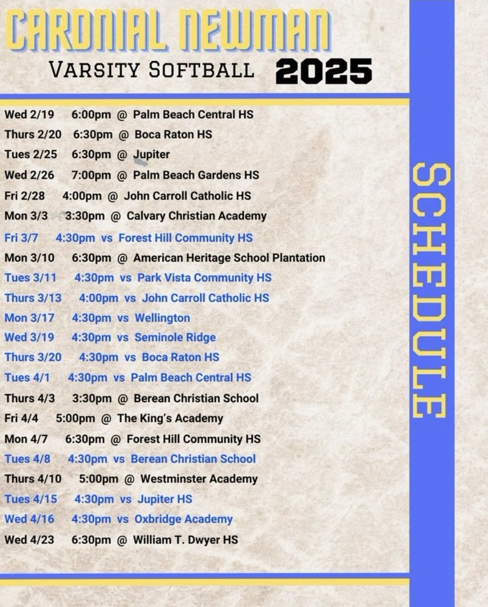 🥎🥎 The 2025 schedule 📅 is here for <a href="/CNHS_Athletics/">Cardinal Newman HS Athletics</a> softball. New year, new teammates, and new challenges for the Crusaders. It will be fun competing with an amazing group of girls! <a href="/EllePerrotto/">Elle Perrotto 2027</a> <a href="/KhannaReese/">Reese Khanna</a> <a href="/KarisTaleff2026/">Karis Taleff 2026</a> <a href="/maeveadams2026/">Maeve Adams</a> <a href="/JolieClark2025/">Jolie Clark</a> <a href="/SydneyMahoney3/">Sydney Mahoney</a>