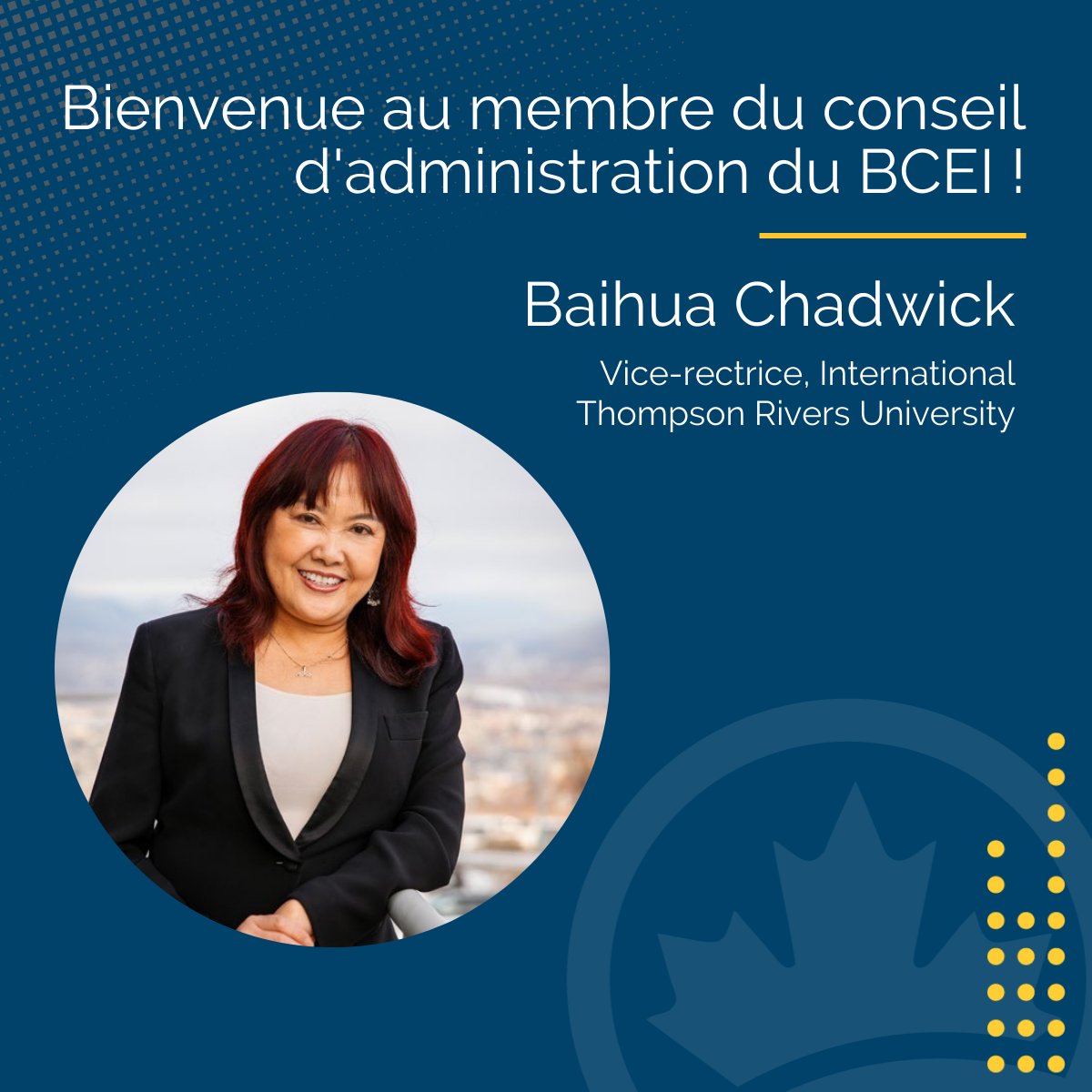 Le #BCEI est ravi d'accueillir Baihua Chadwick, Vice-rectrice, International de <a href="/thompsonriversu/">Thompson Rivers University</a>, au sein du conseil d'administration du BCEI. En savoir plus sur les membres du CA du BCEI : loom.ly/26HQsiE

#edintle #cdnpse