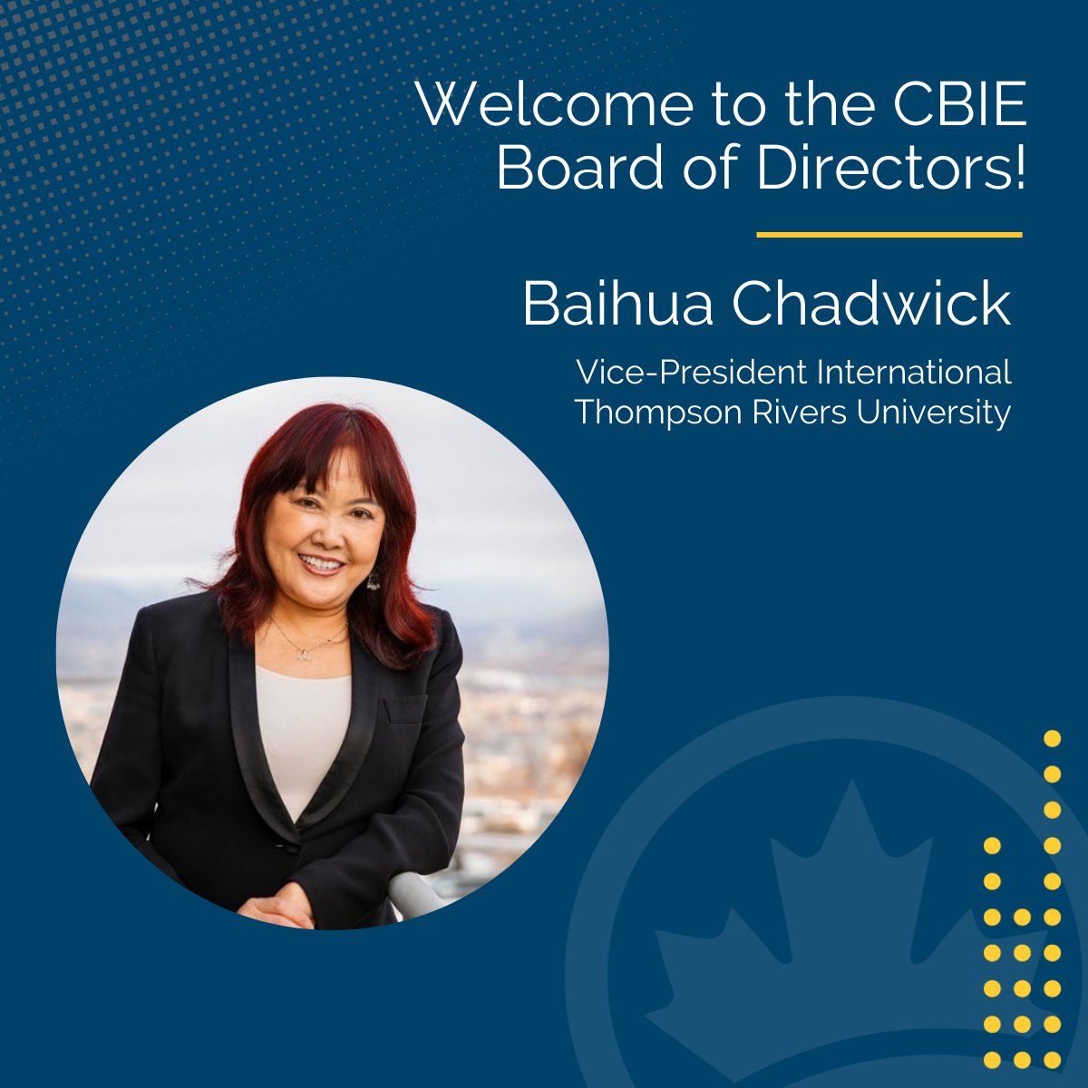 #CBIE is pleased to welcome Baihua Chadwick, Vice-President International at <a href="/thompsonriversu/">Thompson Rivers University</a> to the CBIE Board of Directors. Learn more about CBIE’s 2025 Board members: loom.ly/TbgTdUw

#intled #cdnpse