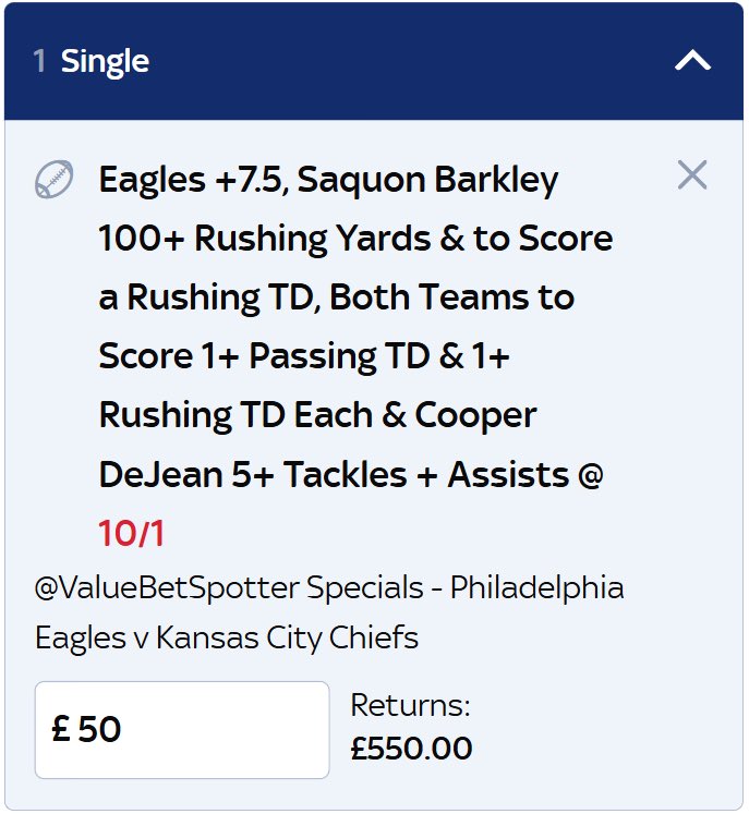 ValueBetSpotter's tweet image. 😍 HERE WE GO, SUPERBOWL TIME! 

🚀 Huge 10/1 SuperBowl value bet. 

Add it straight to your betslip, here 👇
bit.ly/Superbowl10to1…

LIKE ❤️ this tweet if you’re backing this!

😮‍💨 We’ve had an amazing season on the NFL &amp;amp; this research looks incredible…

✅ The Eagles have…