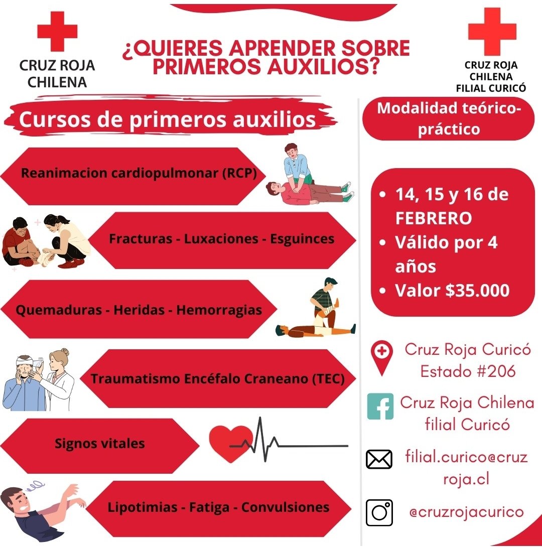 Atención! Tenemos para tí un curso de primeros auxilios buenísimo! Te dejamos la información 👉👉👉
#Curico #primerosauxilios <a href="/Mundo_Curico/">MUNDO CURICÓ 🇨🇱</a> <a href="/CHICASDECALIPSO/">Fans Club Chicas de Calipso 🇨🇱</a> <a href="/RadioEstacion1/">RadioEstacion1 Curicó.</a> <a href="/luiscabello_cco/">Luis Alberto Cabello - Curicó</a> <a href="/lavozdecurico/">La Voz De Curicó</a> <a href="/CuricoAhora/">Curicó Ahora</a>