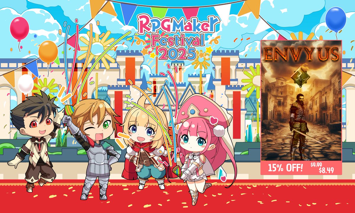 Envyus is also on the RPG Maker Festival and on Sale!!
If you want to check it out <3

Page: store.steampowered.com/app/2546160

#rpg #actionrpg #crpg #indiegame #gamedev #gaming #steamgames #indiedev #classicrpg
