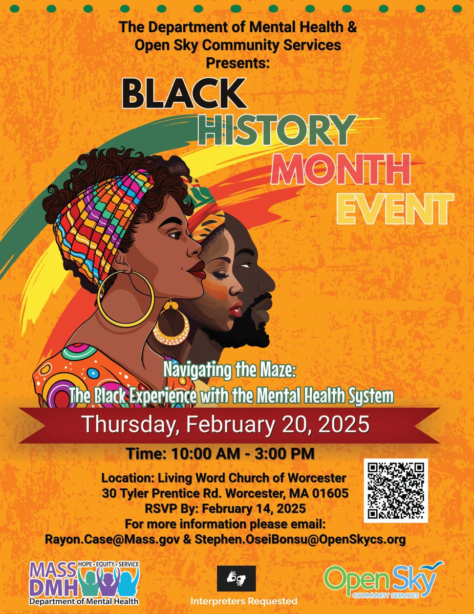 Open Sky Community Services (@openskycsorg) on Twitter photo Join us from 10am-3pm as we honor Black History Month with @massdmh & <a href="/openskycsorg/">Open Sky Community Services</a>
Navigating the Maze: The Black Experience with the Mental Health System
📅 Feb 20th
📍 Living Word Church, 30 Tyler Prentice Road, Worcester, MA
🔗 Register by 2/14: go.activecalendar.com/massdmh/site/l… Join us from 10am-3pm as we honor Black History Month with @massdmh & <a href="/openskycsorg/">Open Sky Community Services</a>
Navigating the Maze: The Black Experience with the Mental Health System
📅 Feb 20th
📍 Living Word Church, 30 Tyler Prentice Road, Worcester, MA
🔗 Register by 2/14: go.activecalendar.com/massdmh/site/l…