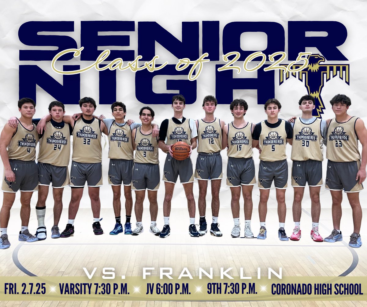 Coronado Basketball (@coronadombb) on Twitter photo 🚨Senior Night🚨💙💛⚡️
T-Bird Nation….!!! Come and celebrate Senior Night with us and help us be the loudest crowd in town. Go T-Birds 💙💛
<a href="/coronado_high/">Coronado High School</a> <a href="/Fchavezeptimes/">Felix Chavez</a> <a href="/ferminhermin/">Javier Cortez</a> <a href="/CoachMichaelPry/">Michael Pry, M. Ed</a> <a href="/reynahustles/">Dr. Angela Reyna</a> <a href="/EPSports915/">Borderland Sports</a> <a href="/Prep1USA/">PREP1</a> <a href="/epsportsnet/">El Paso Sports Network</a> <a href="/SamGuzmanTV/">Sam Guzman</a> <a href="/915Romano/">Lou Romano</a> 🚨Senior Night🚨💙💛⚡️
T-Bird Nation….!!! Come and celebrate Senior Night with us and help us be the loudest crowd in town. Go T-Birds 💙💛
<a href="/coronado_high/">Coronado High School</a> <a href="/Fchavezeptimes/">Felix Chavez</a> <a href="/ferminhermin/">Javier Cortez</a> <a href="/CoachMichaelPry/">Michael Pry, M. Ed</a> <a href="/reynahustles/">Dr. Angela Reyna</a> <a href="/EPSports915/">Borderland Sports</a> <a href="/Prep1USA/">PREP1</a> <a href="/epsportsnet/">El Paso Sports Network</a> <a href="/SamGuzmanTV/">Sam Guzman</a> <a href="/915Romano/">Lou Romano</a>