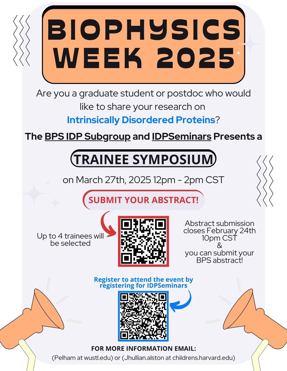 Announcing the Biophysics Week IDP Trainee Symposium on March 27 at 12pm CT hosted by <a href="/IDPseminars/">IDPseminars</a>  &amp; <a href="/BPSIDP/">BPS IDP Subgroup</a> Subgroup! Join via Zoom for talks by talented grad students &amp; postdocs. Abstract submissions are open! See flyer for more details! #BiophysicsWeek <a href="/BiophysicalSoc/">Biophysical Society</a>