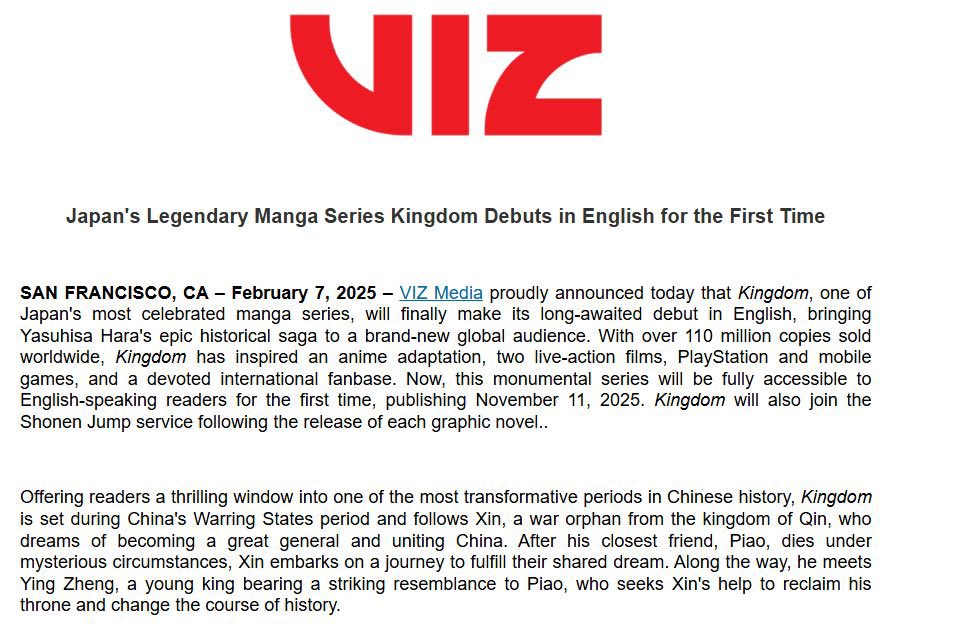 The release date of the English version of volume 1 has been scheduled for November 11, 2025.

The manga will also be accessible via the Shonen Jump service (I’m assuming that means the app &amp; so on).

The character names seem like they’re going to be in Chinese. 

[via <a href="/TheOASG/">TheOASG</a>]