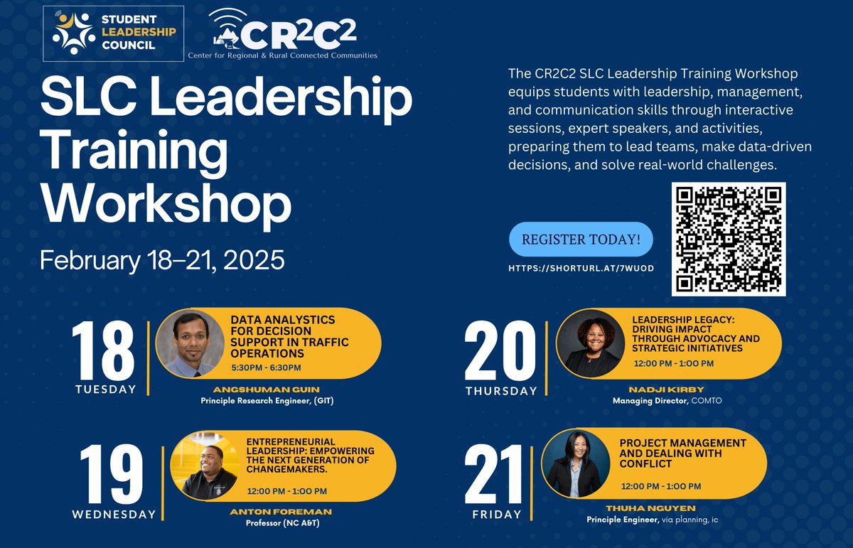 Registration is now open! Visit our website to learn more about the workshops, explore session details, and secure your spot for the sessions that interest you most. 🔗 lnkd.in/eNBbm-_W

#CR2C2 #SLC #LeadershipDevelopment #FutureLeaders #ProfessionalGrowth