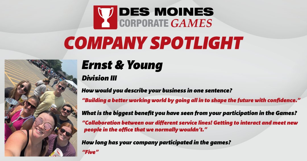 Ernst &amp; Young has been with us for five years! Check out why they love the Des Moines Corporate Games, and keep coming back for more.

Registration closes March 1st - Still time to sign up!