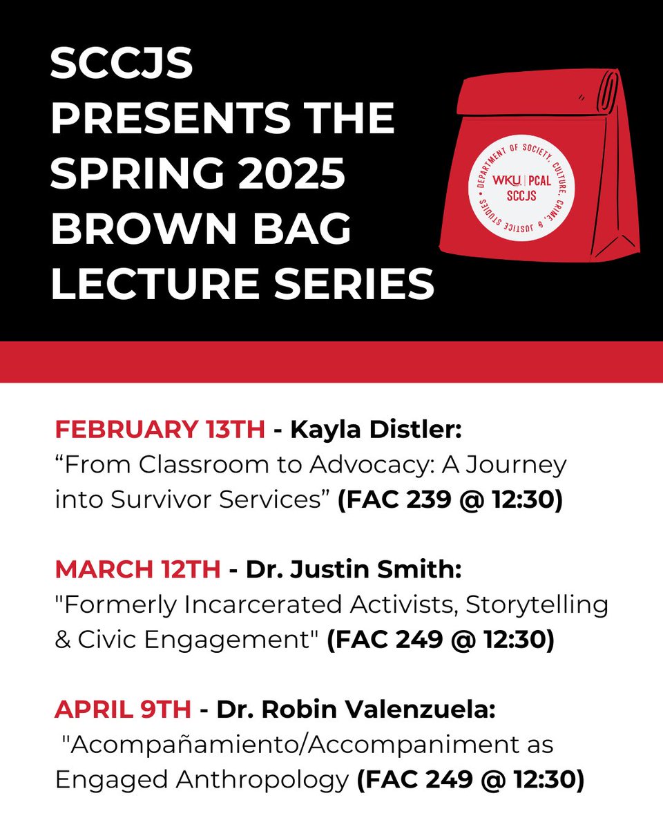 wkusccjs's tweet photo. SCCJS Spring 2025 Brown Bag Lecture Series Schedule https://t.co/JLzNKWquCe