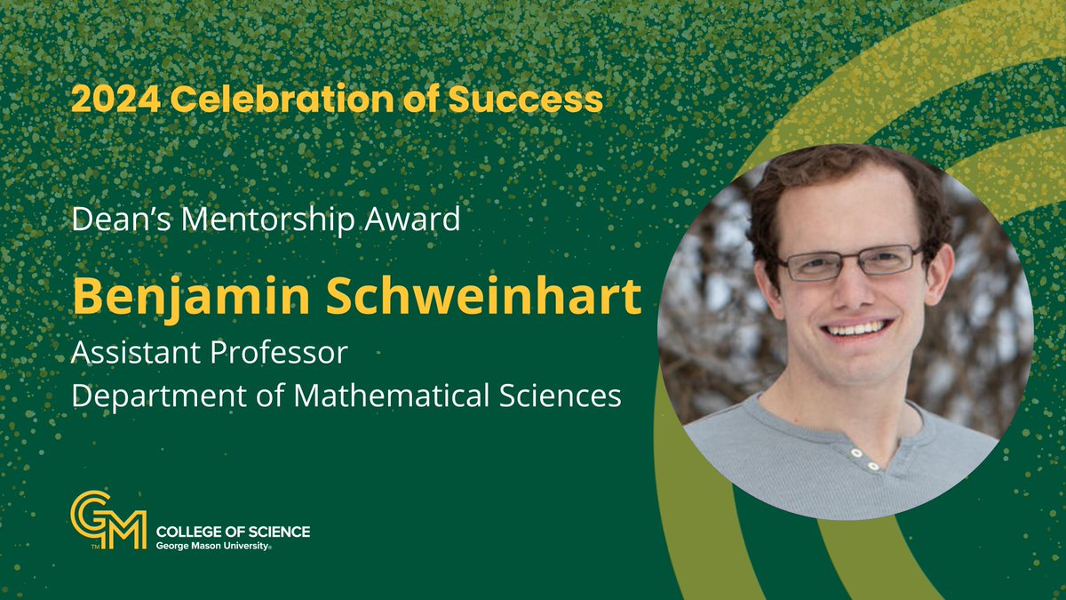 College of Science (@gmu_cos) on Twitter photo This #FacultyFriday congratulates Benjamin Schweinhart, assistant professor, <a href="/MathAtMason/">GMU Mathematical Sciences</a>, for earning the Dean’s Mentorship Award. 🏆 Schweinhart is recognized for his impactful mentorship and dedication to fostering the growth of his students.
🔗: science.gmu.edu/celebrationofs… This #FacultyFriday congratulates Benjamin Schweinhart, assistant professor, <a href="/MathAtMason/">GMU Mathematical Sciences</a>, for earning the Dean’s Mentorship Award. 🏆 Schweinhart is recognized for his impactful mentorship and dedication to fostering the growth of his students.
🔗: science.gmu.edu/celebrationofs…
