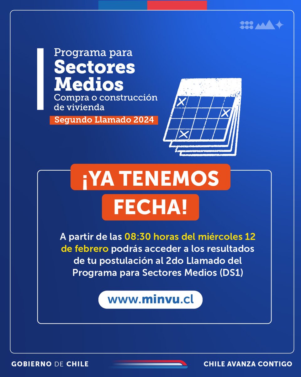 ¡Anótalo en tu calendario! 🗓️ En sólo 5 días podrás acceder a los resultados de tu postulación al 2do Llamado del Programa para #SectoresMedios (DS1) 👀

¿Cuándo? 🕙A partir de las 08:30 hrs. del Miércoles 12 de febrero

En minvu.cl con tu rut y ClaveÚnica