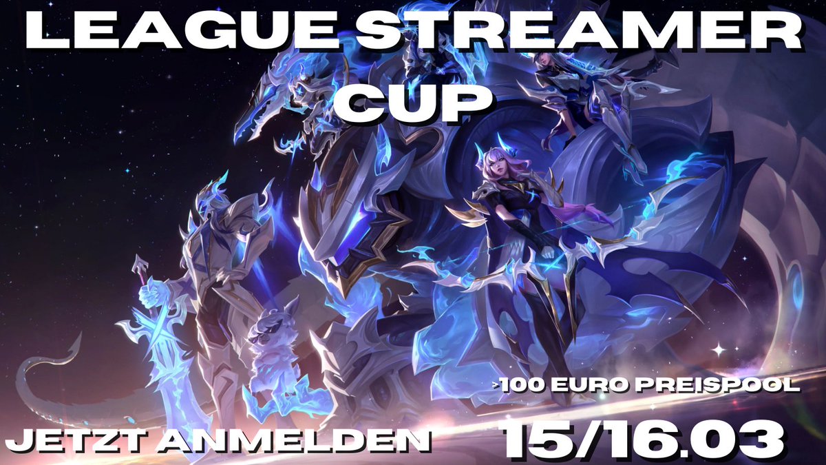 Hey, @Kitsune_Paddy 
und ich planen unseren 1. "League Streamer Cup" 🏆
Wenn ihr Lust habt mitzumachen oder jemanden kennt, der mitmachen soll, dann meldet euch gerne bei uns. 💛
 Es gibt einen Preispool von über 100€ und jeder kann mitmachen! 💕