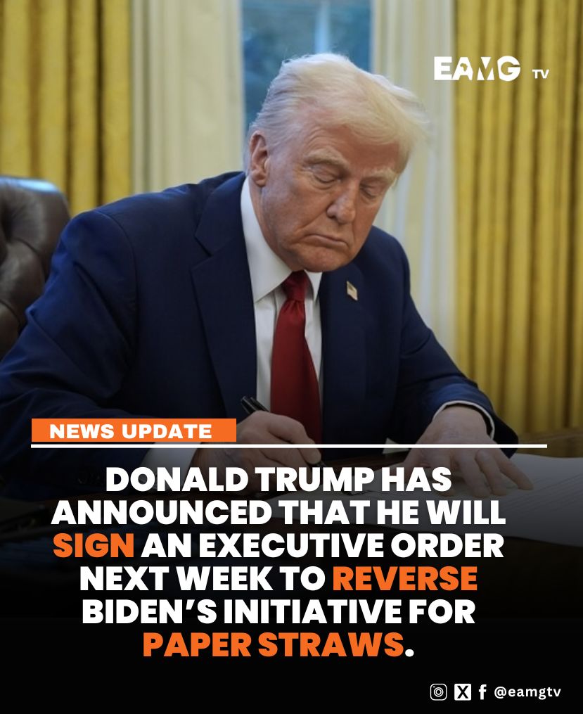 EAMGtv's tweet photo. U.S president @realDonaldTrump
says “Back to plastic!” as he vows to scrap Biden’s paper straw policy. 

SHARE YOUR THOUGHTS: 
Does this move support convenience or compromise the environment?
 
#Trump #PlasticStraws #Biden #ClimateChange #EAMGtv https://t.co/mJsPZzzsgz