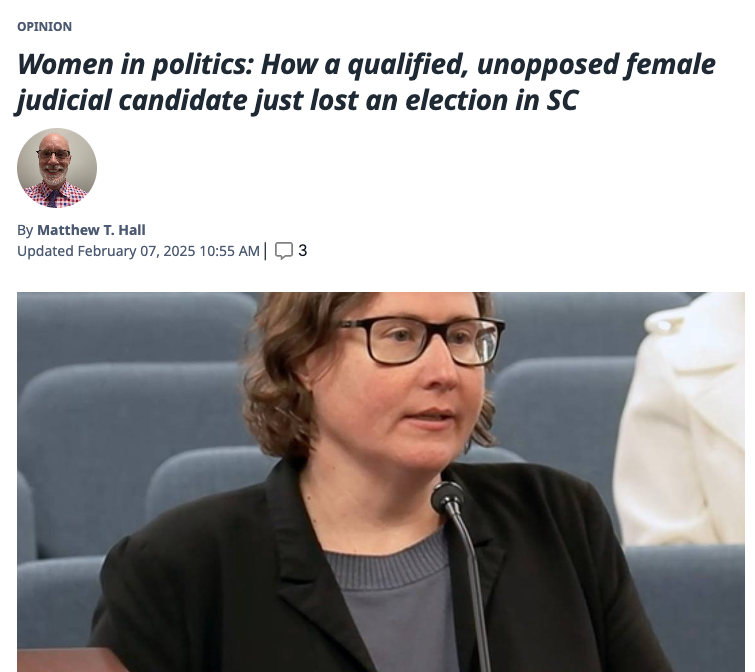 🚨 MUST READ! 🚨"If you don’t think that South Carolina’s judicial selection system is flawed, consider the General Assembly’s recent 54-93 vote against qualified candidate Inzerillo, who had no opponents for a soon-to-be vacant York County judgeship."

thestate.com/opinion/articl…