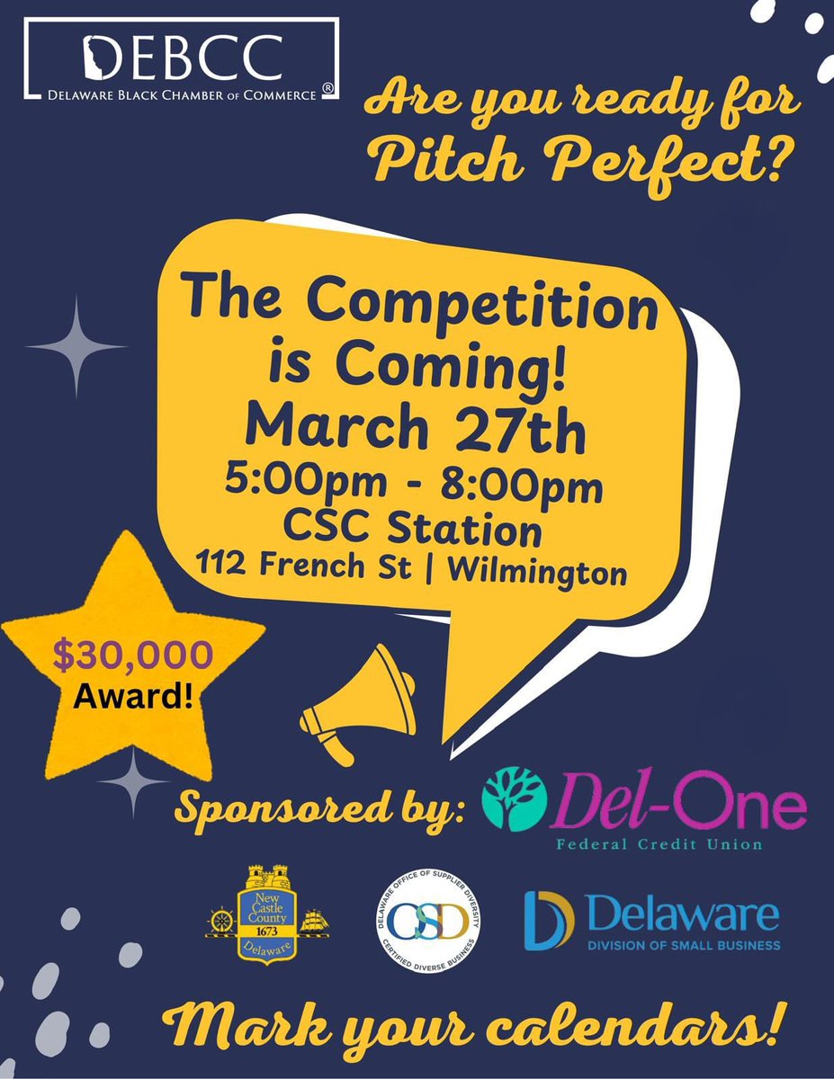 🎤 Are you ready for Pitch Perfect? 🎤

The Competition is Coming!

🗓 Date: March 27th
⏰ Time: 5:00 PM - 8:00 PM
📍 Location: CSC Station, 112 French St | Wilmington

💰 $30,000 Award!

🏆 1st Place: $18,000
🥈 2nd Place: $7,500
🥉 3rd Place: $4,500