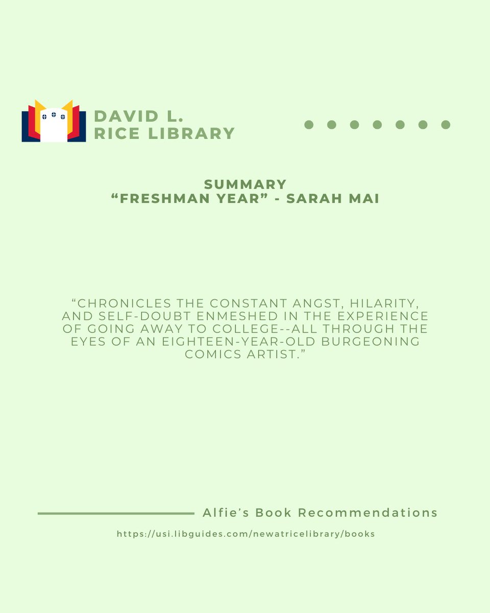 RiceLib's tweet image. It's New Fiction Friday! 🎉  
You can borrow 'Freshman Year' today! You can place your hold on new popular fiction: library.usi.edu/record  

As much as Alfie loves giving suggestions, he loves receiving them, too! What do you recommend Alfie read next? 
-
 #usi #ricelibrary